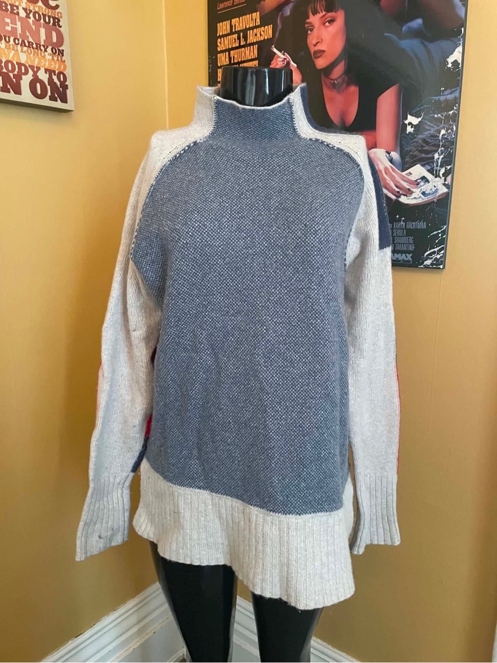 Superfine Merino Wool Colorblock Mock Neck Sweater Grey Blue Red M